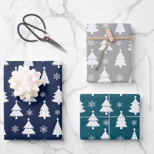 Navy, Aquamarin & Silver Winter Weihnachtsbaummust Geschenkpapier Set (Vorderseite)