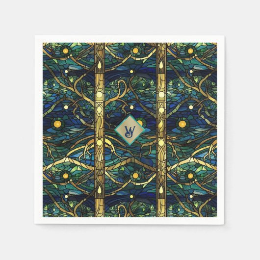 Navy Aquamarin- und Goldmoonlight Forest mit Monog Serviette (Vorderseite)