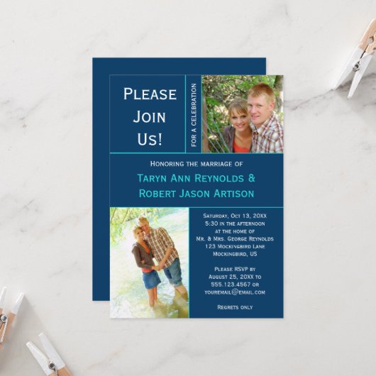 Navy Aquamarines Foto Blockade Post Hochzeit Einla Einladung (Vorderseite/Rückseite Beispiel)