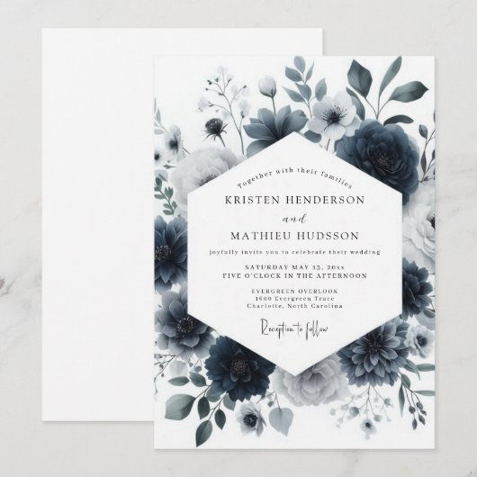 Navy Aquarelle Bloom Wedding Einladung (Vorne/Hinten)