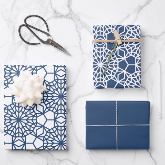 Navy Arabesque Geometric Muster Geschenkpapier Set (Vorderseite)