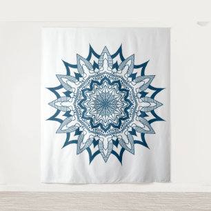 Navy auf weißer Mandala Wandteppich