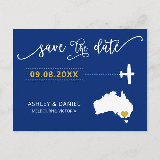 Navy Australia Wedding Save the Date Map Postcard Postkarte (Vorderseite)