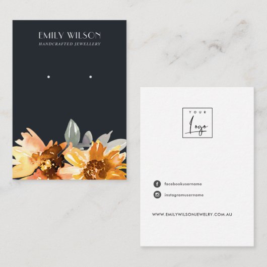 NAVY AUTUMN FALL SUNFLOWER STUD EARRING DISPLAY VISITENKARTE (Vorne/Hinten)