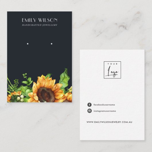 NAVY AUTUMN FALL SUNFLOWER STUD EARRING DISPLAY VISITENKARTE (Vorne/Hinten)