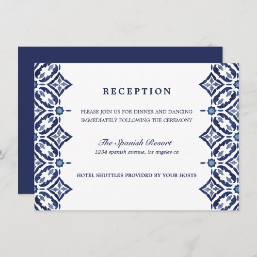Navy Azulejo | Spanische Hochzeitsempfang Einladung (Vorne/Hinten)