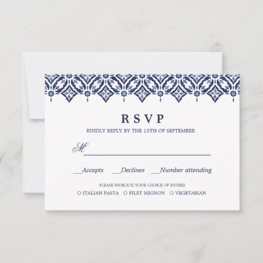 Navy Azulejo | Spanische WEDD RSVP - MEALWAHL Karte (Vorderseite)