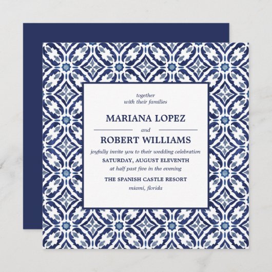 Navy Azulejo | Spanish Tile Pattern Wedding Einladung (Vorne/Hinten)