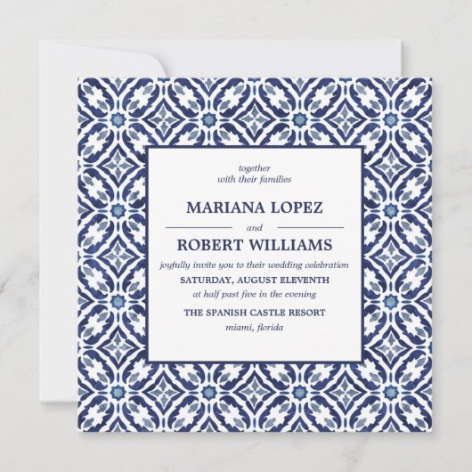 Navy Azulejo | Spanish Tile Pattern Wedding Einladung (Vorderseite)