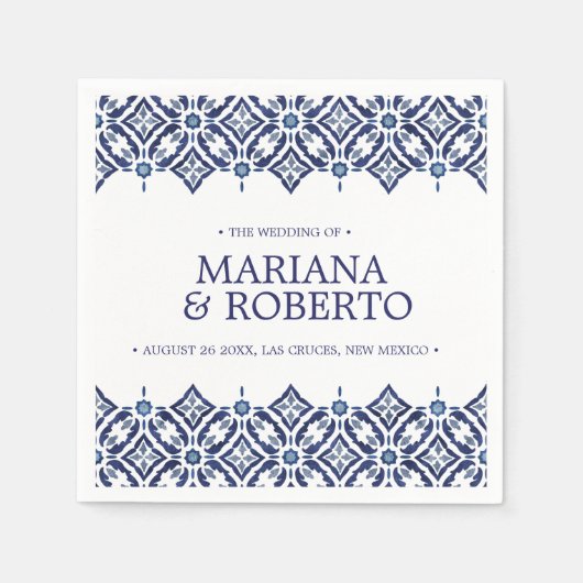 Navy Azulejos | Spanische Fliesengrenze personalis Serviette (Vorderseite)