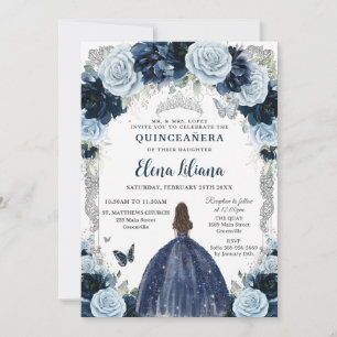Navy Baby Blau Blumen Vintage Silber Quinceanera Einladung