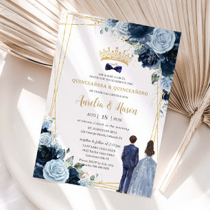 Navy Baby Blau Florale Zwillings- Quinceanera Jung Einladung