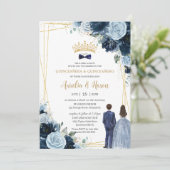 Navy Baby Blue Floral Twins Boy Girl Quinceanera Einladung (Stehend Vorderseite)