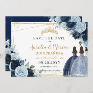 Navy Baby Blue Floral Twins Quinceanera Sweet 16 Save The Date