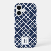 Navy Bamboo Lattice Muster Monogram iPhone 16 Hülle (Rückseite)