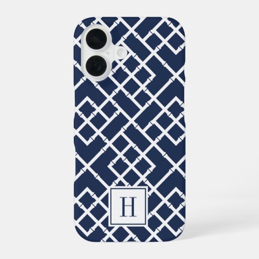 Navy Bamboo Lattice Muster Monogram iPhone 16 Hülle (Rückseite)