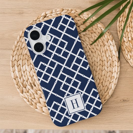 Navy Bambus-Gittermuster-Monogramm iPhone 16 Hülle
