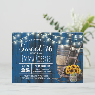Navy Barn Wood Sunflower Jar Rustic Sweet 16 Einladung