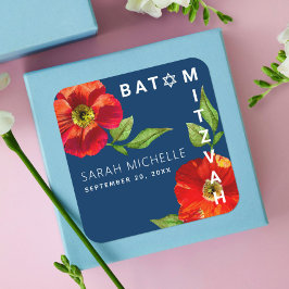 Navy Bat Mitzvah Floral Watercolor Modern Bold Quadratischer Aufkleber