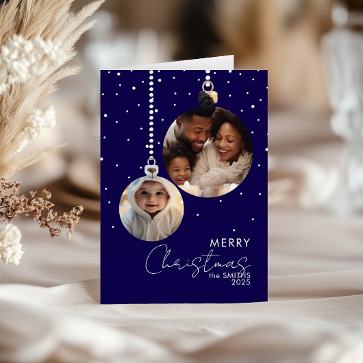 Navy Bauble Family Foto Weihnachtskarte mit Schnee Karte