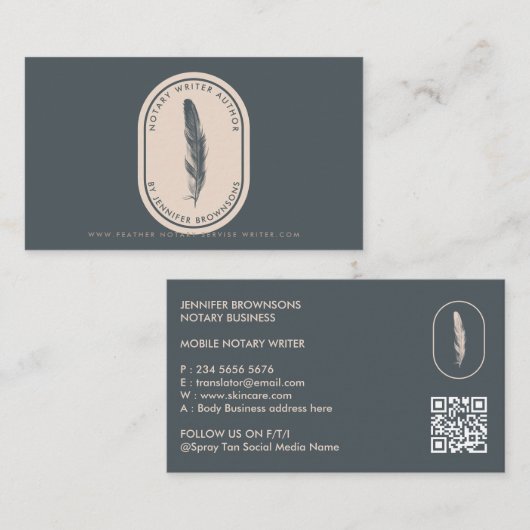 Navy Beige Feather Autor übersetzen Mobile Notar Visitenkarte (Vorne/Hinten)