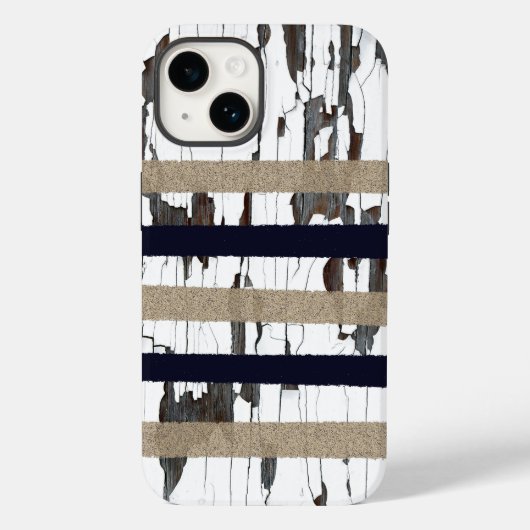 Navy / Beige / Weiße Streifen über Peelingholz Case-Mate iPhone Hülle (Rückseite)