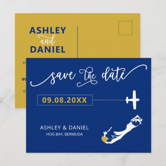 Navy Bermuda Wedding Save the Date Map Postcard Postkarte (Vorne/Hinten)