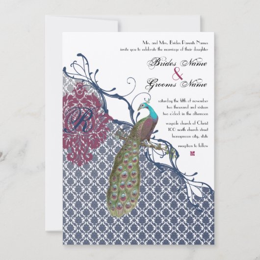 Navy & Berry Berry Elegant Damask Peacock Wedding Einladung (Vorderseite)