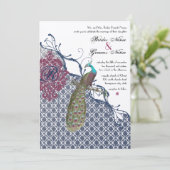 Navy & Berry Berry Elegant Damask Peacock Wedding Einladung (Stehend Vorderseite)