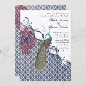 Navy & Berry Berry Elegant Damask Peacock Wedding Einladung (Vorne/Hinten)