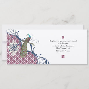 Navy & Berry Berry Elegant Damask Peacock Wedding Einladung