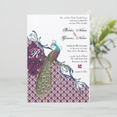 Navy & Berry Berry Elegant Damask Peacock Wedding Einladung (Stehend Vorderseite)