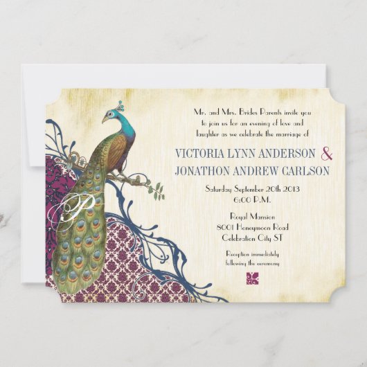 Navy & Berry Berry Elegant Damask Peacock Wedding Einladung (Vorderseite)