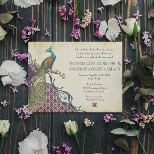 Navy & Berry Berry Elegant Damask Peacock Wedding Einladung