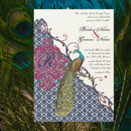 Navy & Berry Berry Elegant Damask Peacock Wedding Einladung