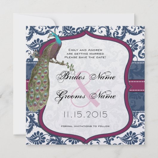 Navy & Berry Berry Elegant Damask Peacock Wedding Einladung (Rückseite)