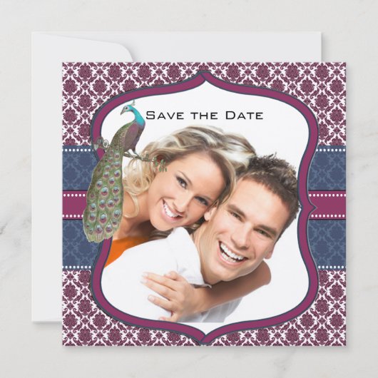 Navy & Berry Berry Elegant Damask Peacock Wedding Einladung (Vorderseite)