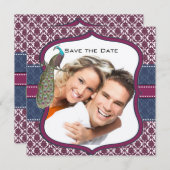 Navy & Berry Berry Elegant Damask Peacock Wedding Einladung (Vorne/Hinten)