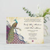 Navy & Berry Berry Elegant Damask Peacock Wedding Einladung (Stehend Vorderseite)