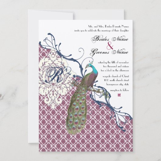 Navy & Berry Berry Elegant Damask Peacock Wedding Einladung (Vorderseite)