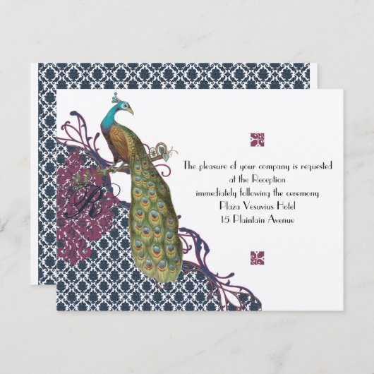 Navy & Berry Berry Elegant Damask Peacock Wedding Einladung (Vorne/Hinten)