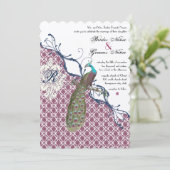 Navy & Berry Berry Elegant Damask Peacock Wedding Einladung (Stehend Vorderseite)