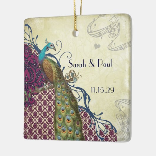 Navy & Berry Berry Elegant Damask Peacock Wedding Keramikornament (Links)