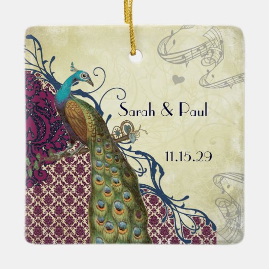 Navy & Berry Berry Elegant Damask Peacock Wedding Keramikornament (Vorderseite)