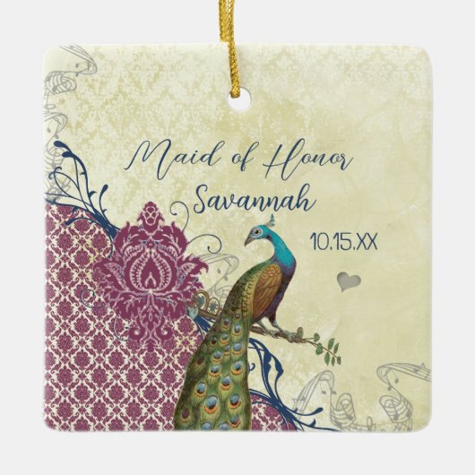 Navy & Berry Berry Elegant Damask Peacock Wedding Keramikornament (Vorderseite)