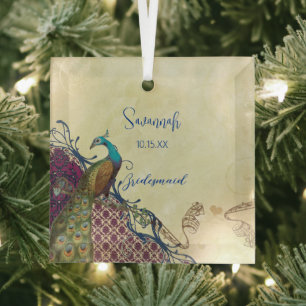 Navy & Berry Berry Elegant Damask Peacock Wedding Ornament Aus Glas