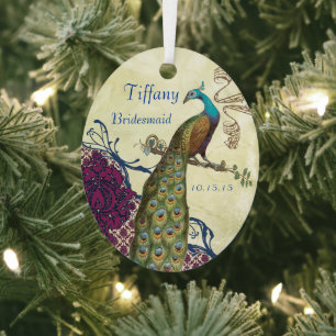 Navy & Berry Berry Elegant Damask Peacock Wedding Ornament Aus Metall