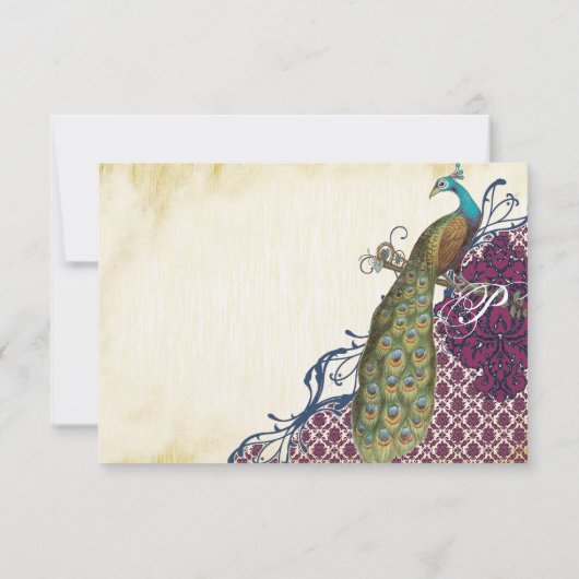 Navy & Berry Berry Elegant Damask Peacock Wedding RSVP Karte (Rückseite)