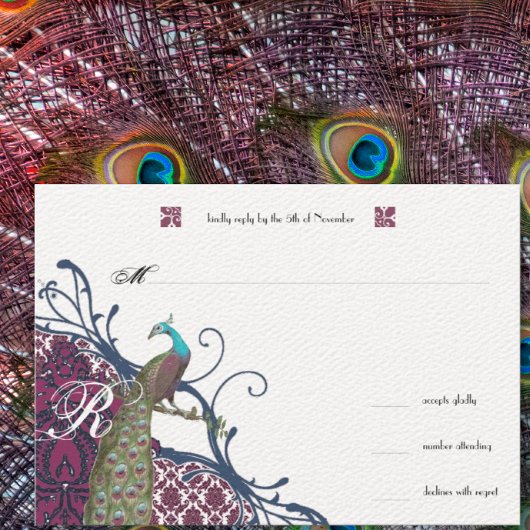 Navy & Berry Berry Elegant Damask Peacock Wedding RSVP Karte