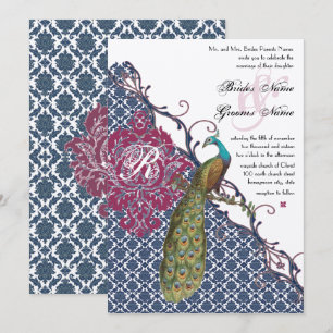 Navy & Berry Berry Elegante Damast-Pfau-Hochzeit Einladung